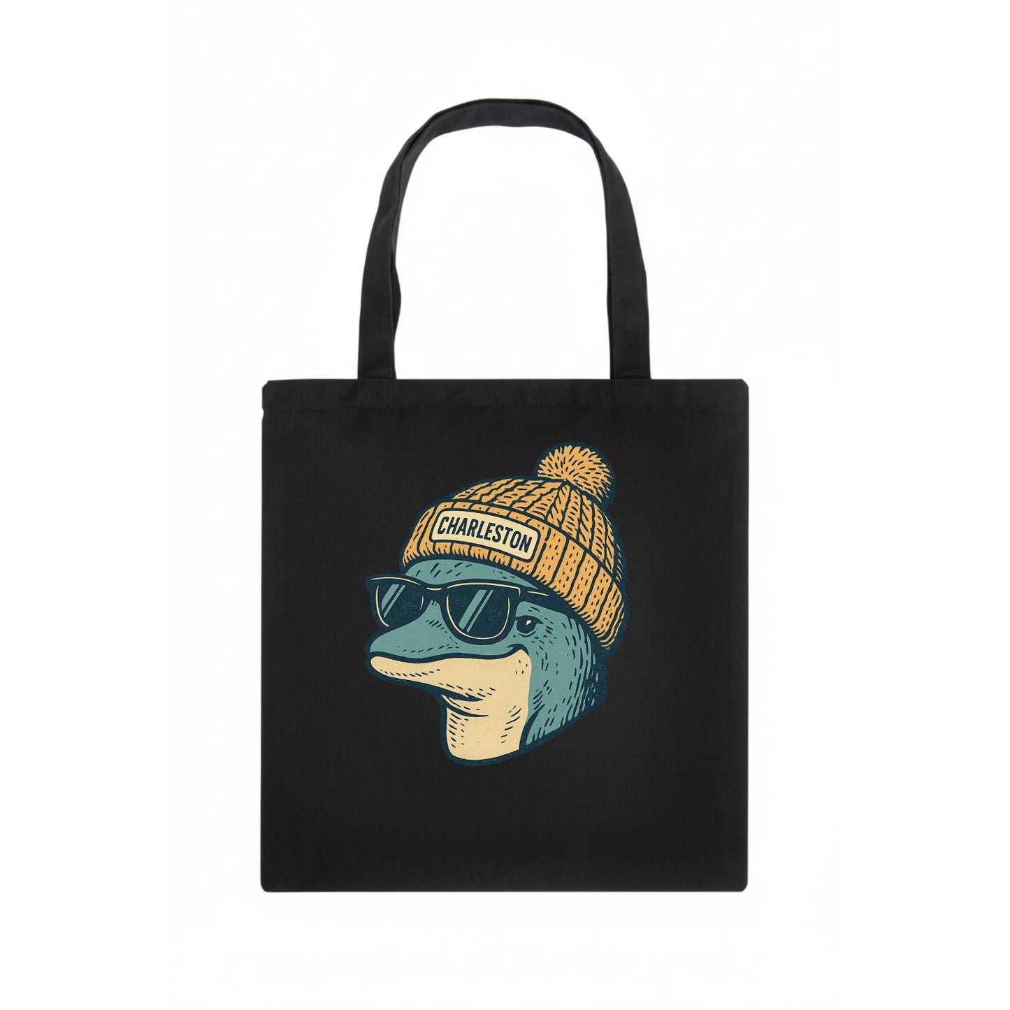 Charleston Dolphin wearing Charleston beanie with pom pom and wayfarer sunglasses - Tote Bag - dark