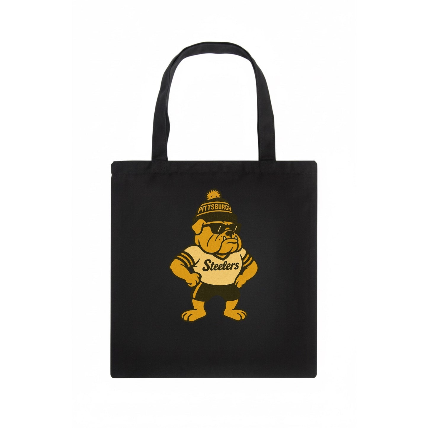 Pittsburgh Bulldog wearing Steelers black and gold beanie with pom pom and wayfarer - Tote Bag - dark