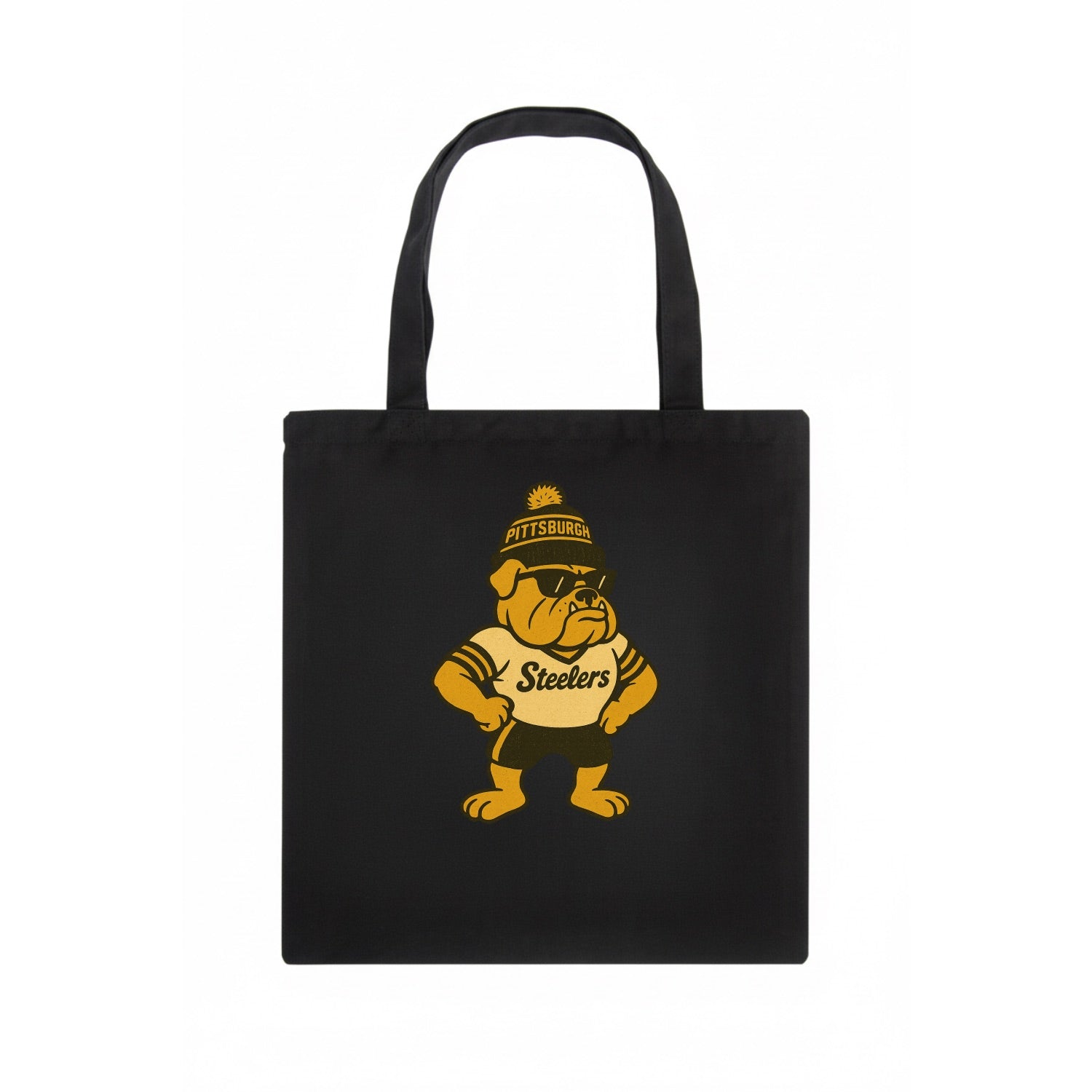 Pittsburgh Bulldog wearing Steelers black and gold beanie with pom pom and wayfarer - Tote Bag - dark