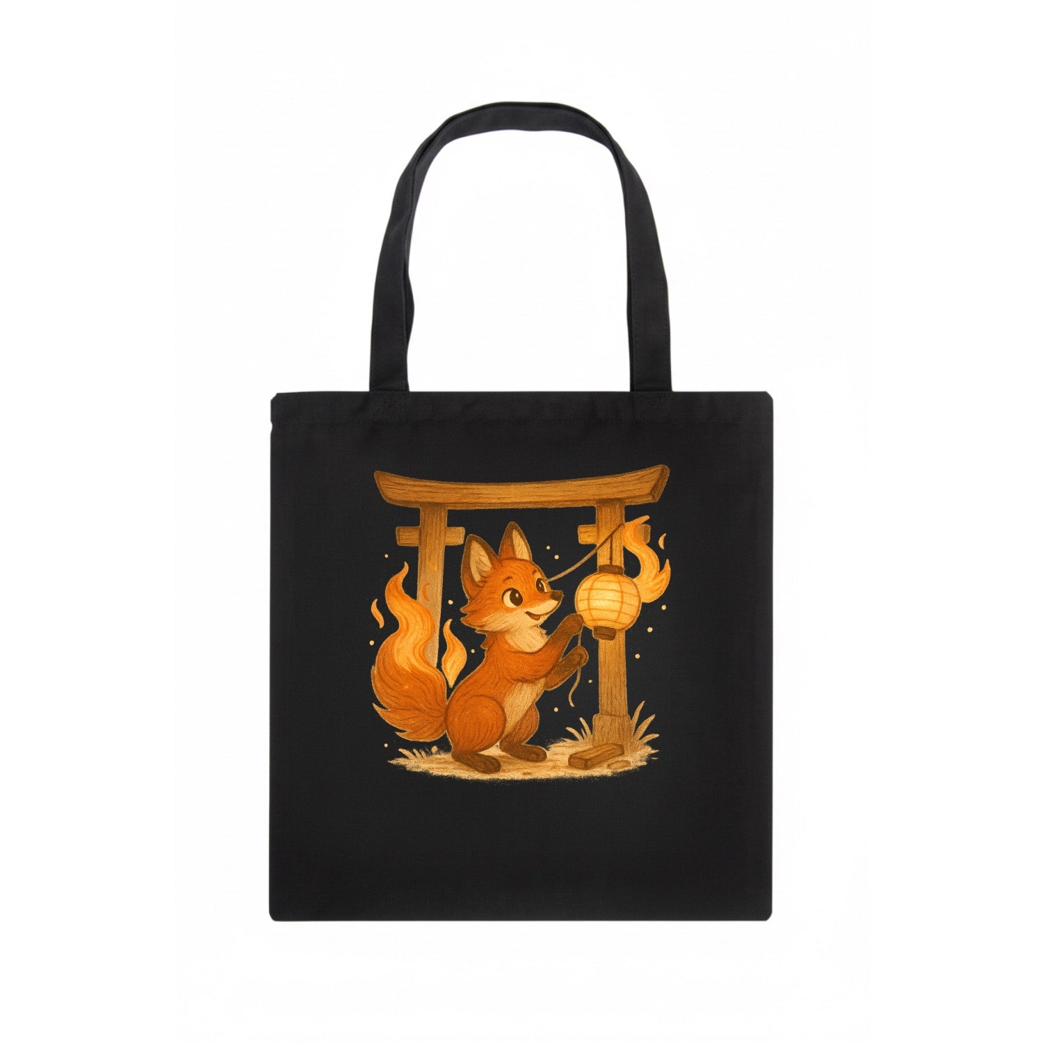 Foxfire kitsune stringing lanterns along a torii gate with tails of living flame - Tote Bag - dark