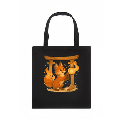 Foxfire kitsune stringing lanterns along a torii gate with tails of living flame - Tote Bag - dark