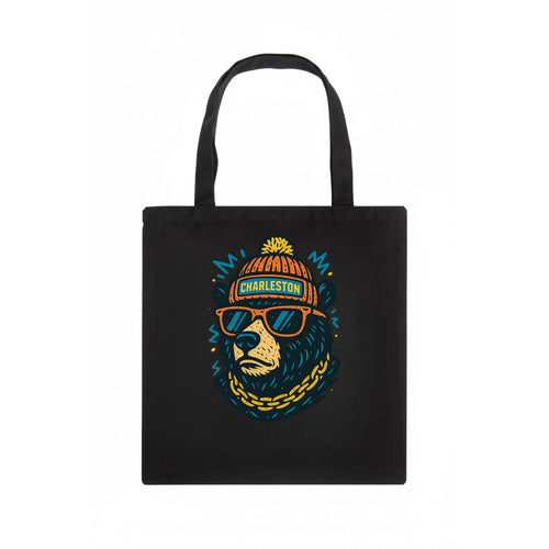 West Virginia Black Bear wearing Charleston beanie with pom pom and wayfarer sunglasses - Tote Bag