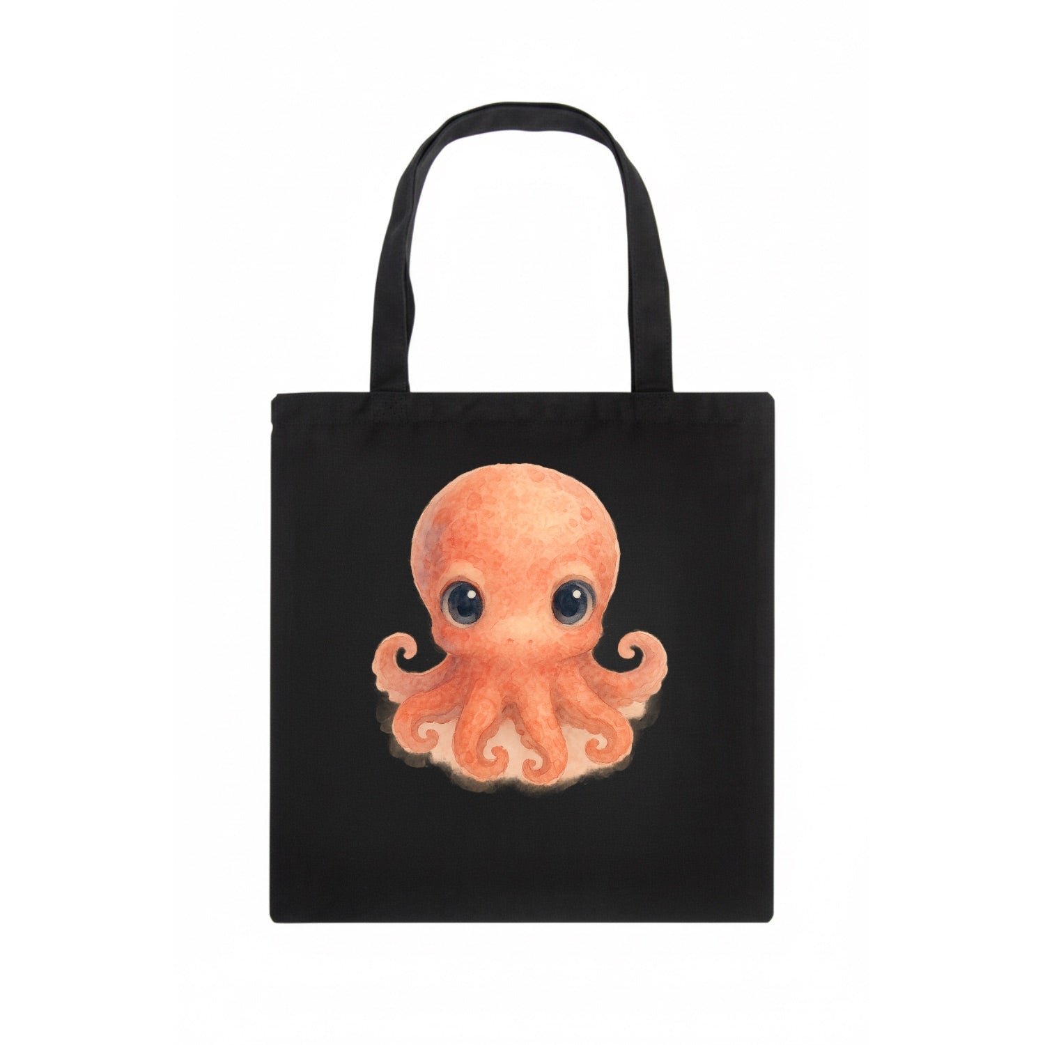 Baby Octopus - red-orange, eight tiny tentacles curled, large intelligent eyes, - Tote Bag - dark