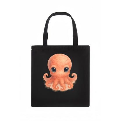 Baby Octopus - red-orange, eight tiny tentacles curled, large intelligent eyes, - Tote Bag - dark