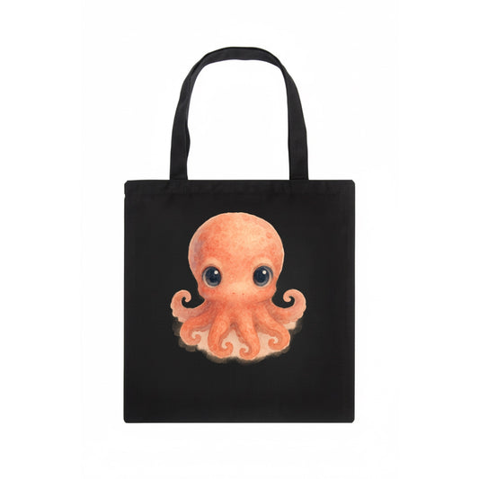 Baby Octopus - red-orange, eight tiny tentacles curled, large intelligent eyes, - Tote Bag - dark