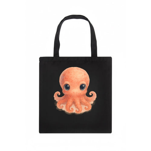 Baby Octopus - red-orange, eight tiny tentacles curled, large intelligent eyes, - Tote Bag
