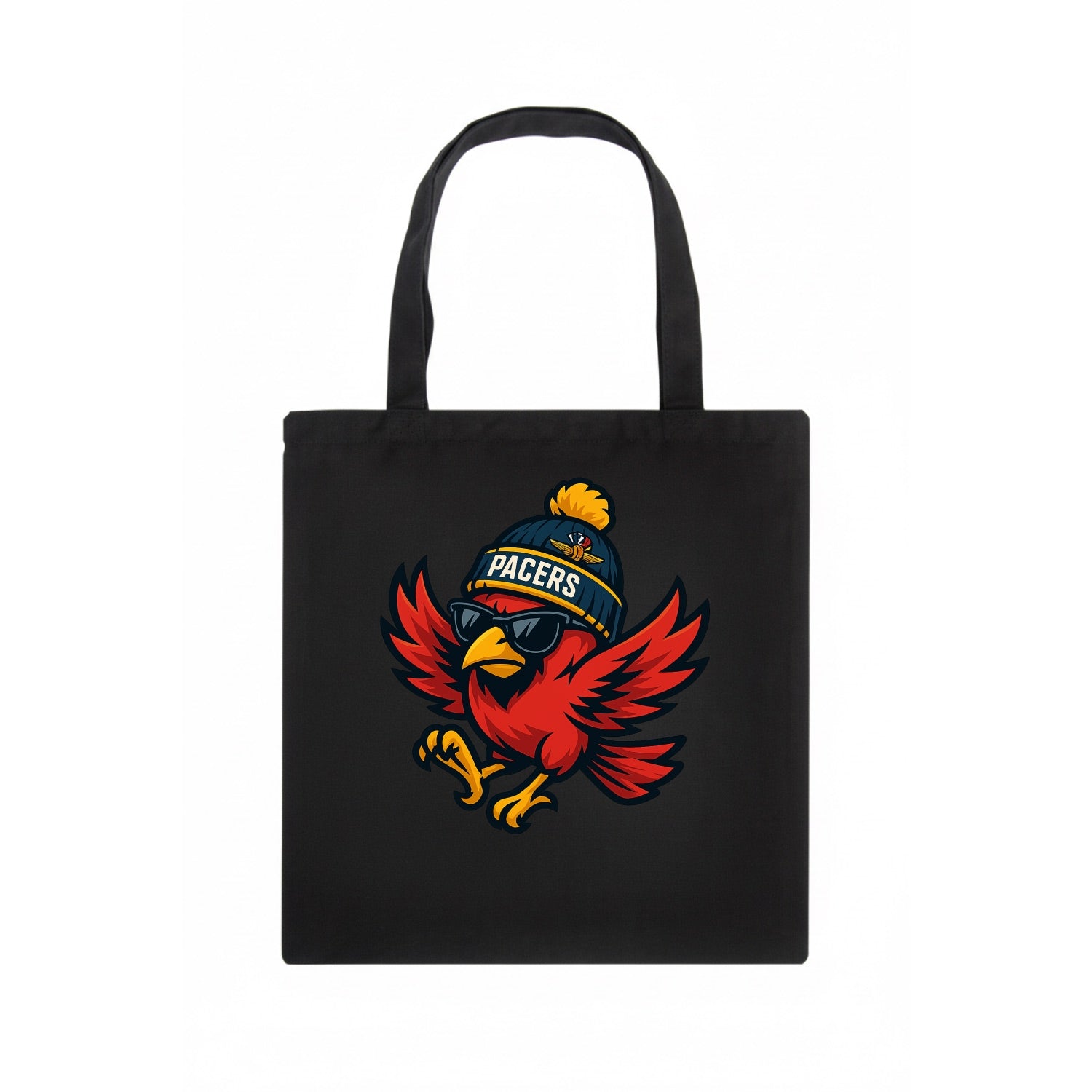 Indiana Cardinal wearing Pacers beanie with speedway patch and wayfarer sunglasses - Tote Bag - dark