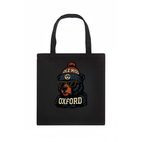 Oxford Black Bear wearing Ole Miss beanie with rebel patch - Tote Bag