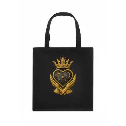 Hammered bronze warrior crown anchoring a dark steel heart with shield-bearing hands. - Tote Bag - dark