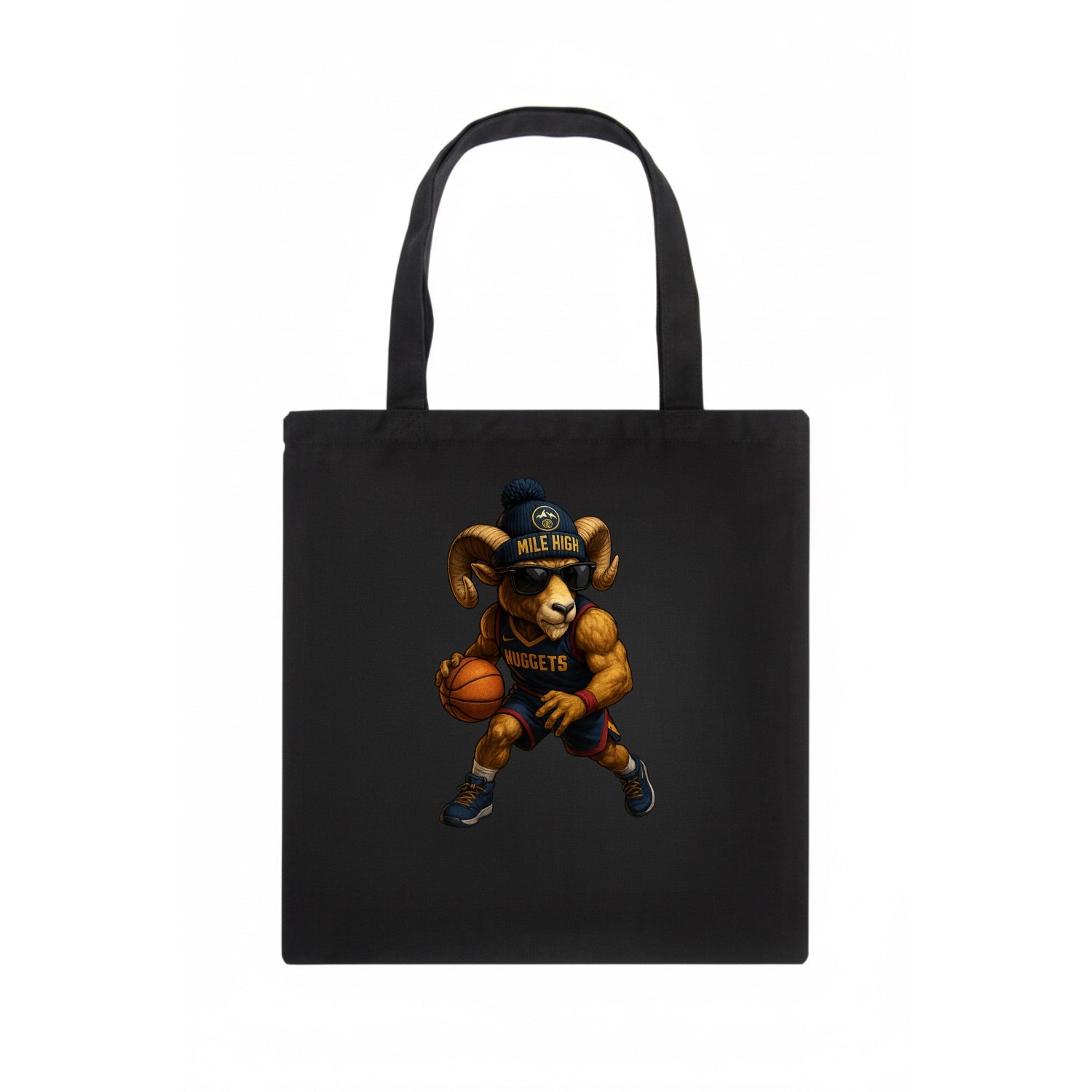 Mile High Bighorn wearing Nuggets beanie with mountain patch and wayfarer sunglasses - Tote Bag - dark