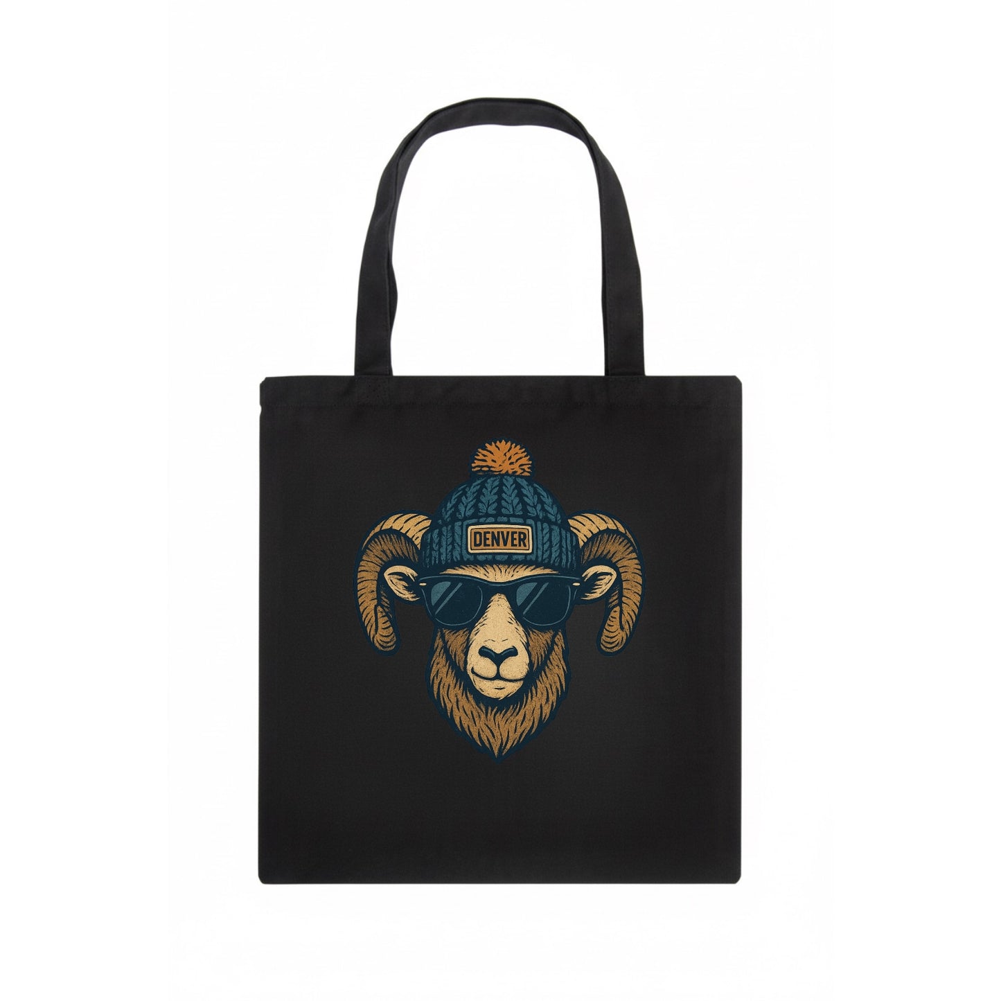 Colorado Rocky Mountain Bighorn Sheep wearing Denver beanie with pom pom and wayfarer - Tote Bag - dark