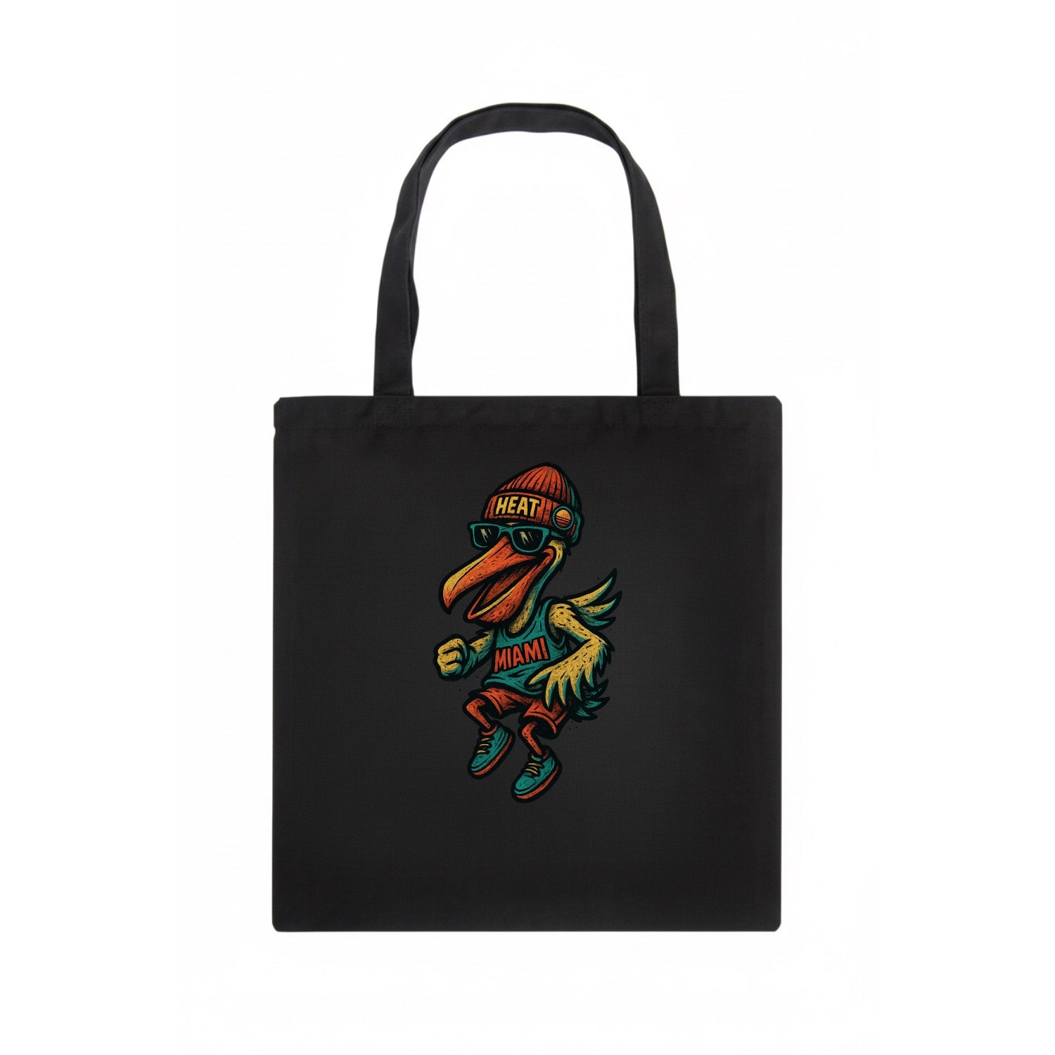 Miami Pelican wearing Heat beanie with sunset patch and wayfarer sunglasses - Tote Bag - dark