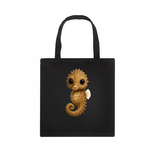 Baby Seahorse - curled tail, snout, large eyes, front-facing, delicate and cute - Tote Bag - dark