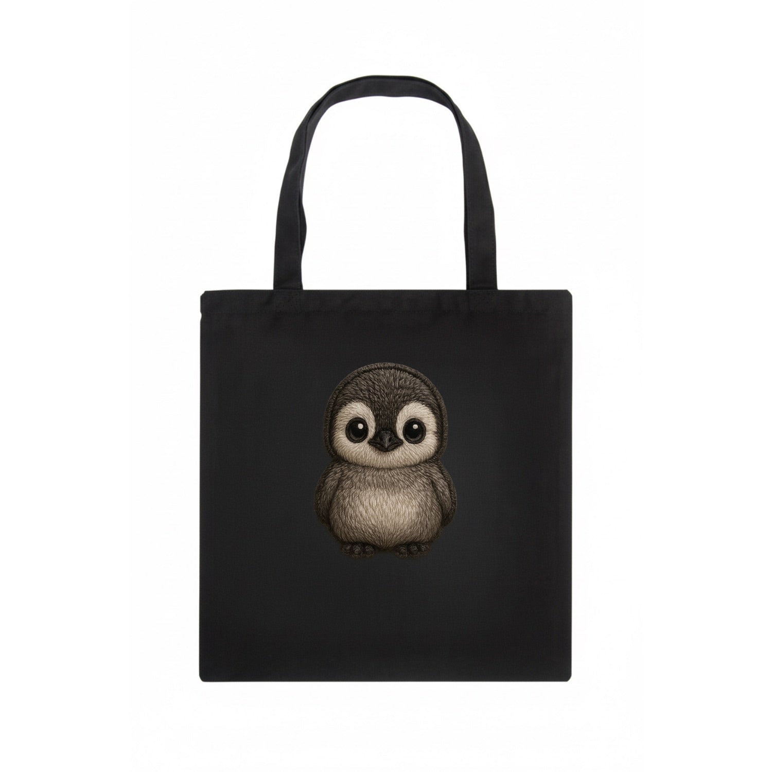 Baby Penguin Chick - gray fluffy, white face, round body, front-facing, tuxedo baby - Tote Bag - dark