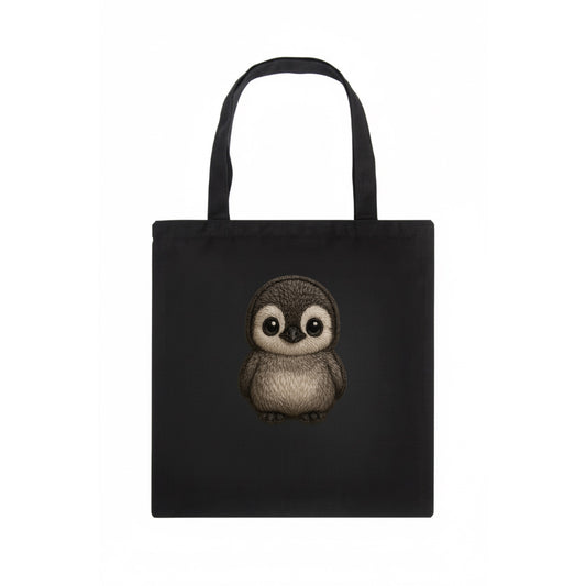 Baby Penguin Chick - gray fluffy, white face, round body, front-facing, tuxedo baby - Tote Bag - dark