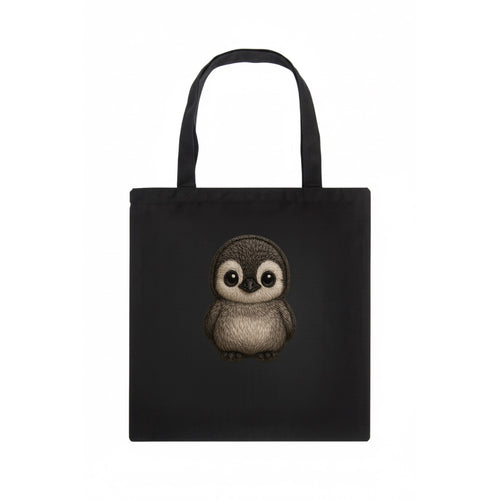 Baby Penguin Chick - gray fluffy, white face, round body, front-facing, tuxedo baby - Tote Bag
