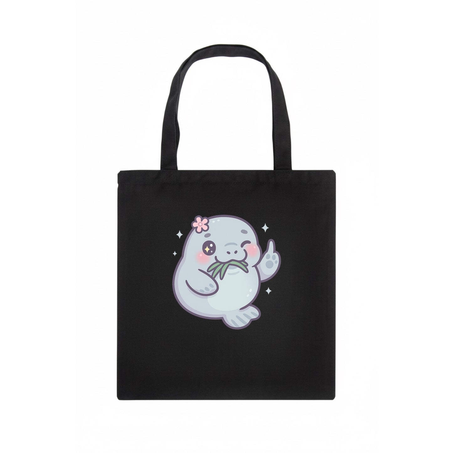 chubby manatee munching on seagrass, one flipper raised with sass - Tote Bag - dark