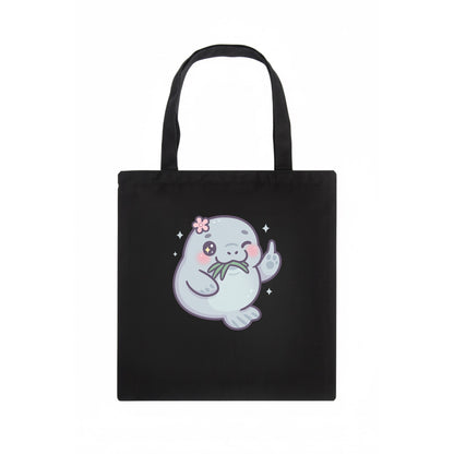 chubby manatee munching on seagrass, one flipper raised with sass - Tote Bag - dark