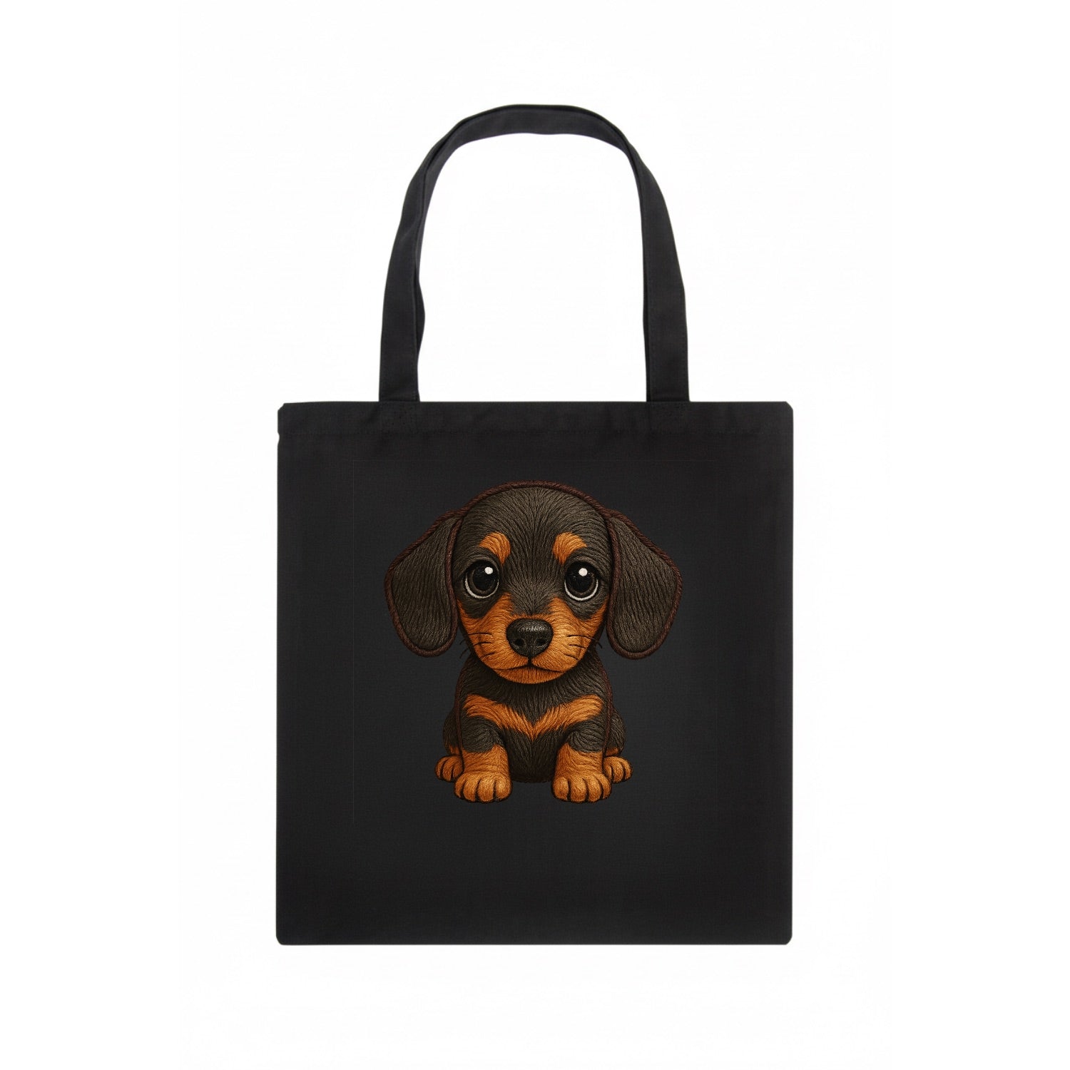 Baby Dachshund Puppy - long body, short legs, floppy ears, curious eyes, front-facing, - Tote Bag - dark