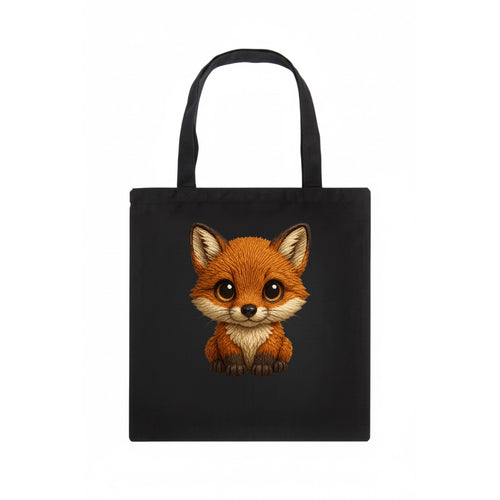 Baby Red Fox - russet fur, white chest, big amber eyes, perky ears, front-facing, curious - Tote Bag