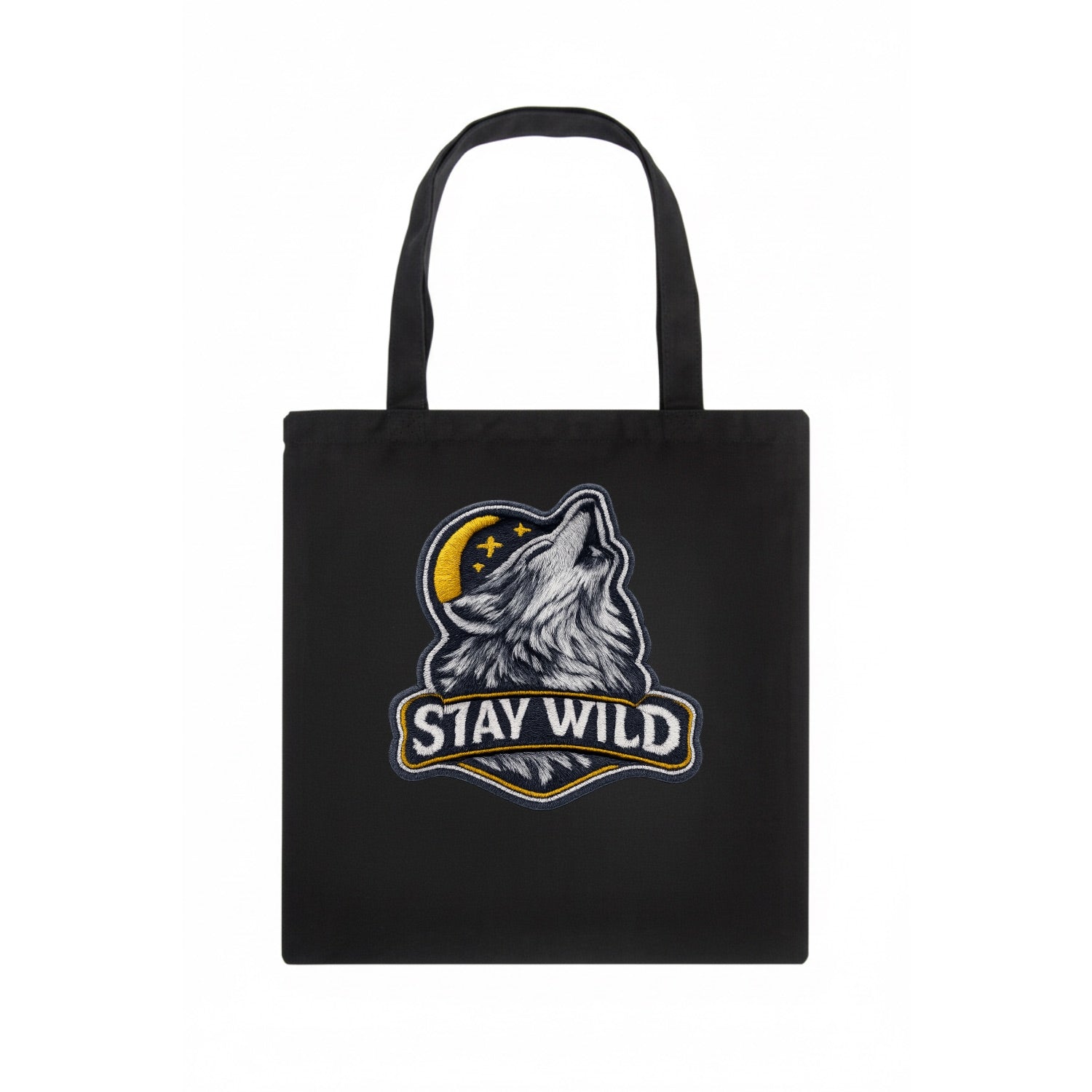 STAY WILD - wolf with text in gray , free spirit - Tote Bag - dark