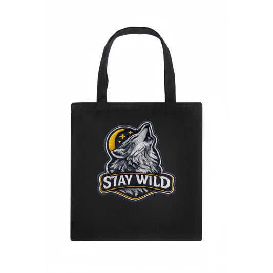 STAY WILD - wolf with text in gray , free spirit - Tote Bag - dark
