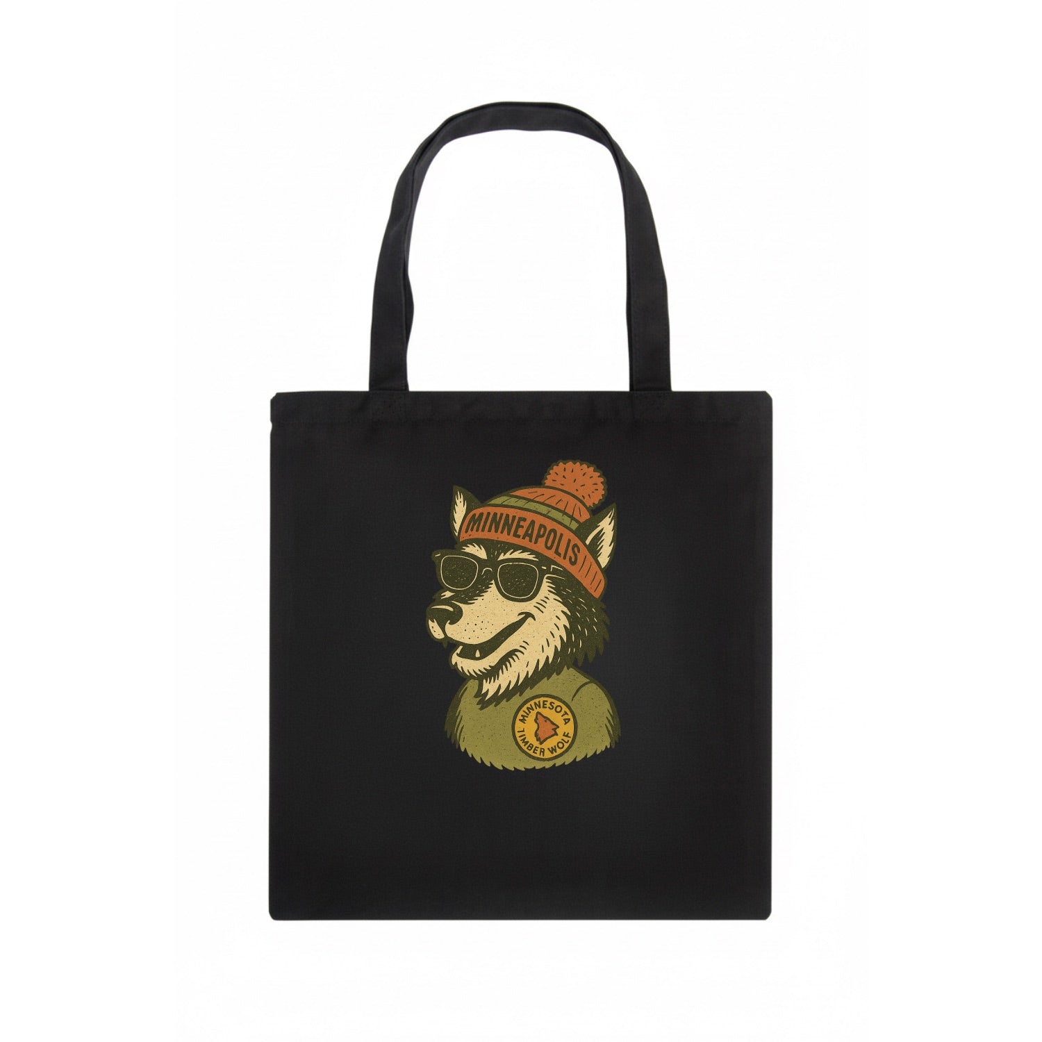 Minnesota Timber Wolf wearing Minneapolis beanie with pom pom and wayfarer sunglasses - Tote Bag - dark