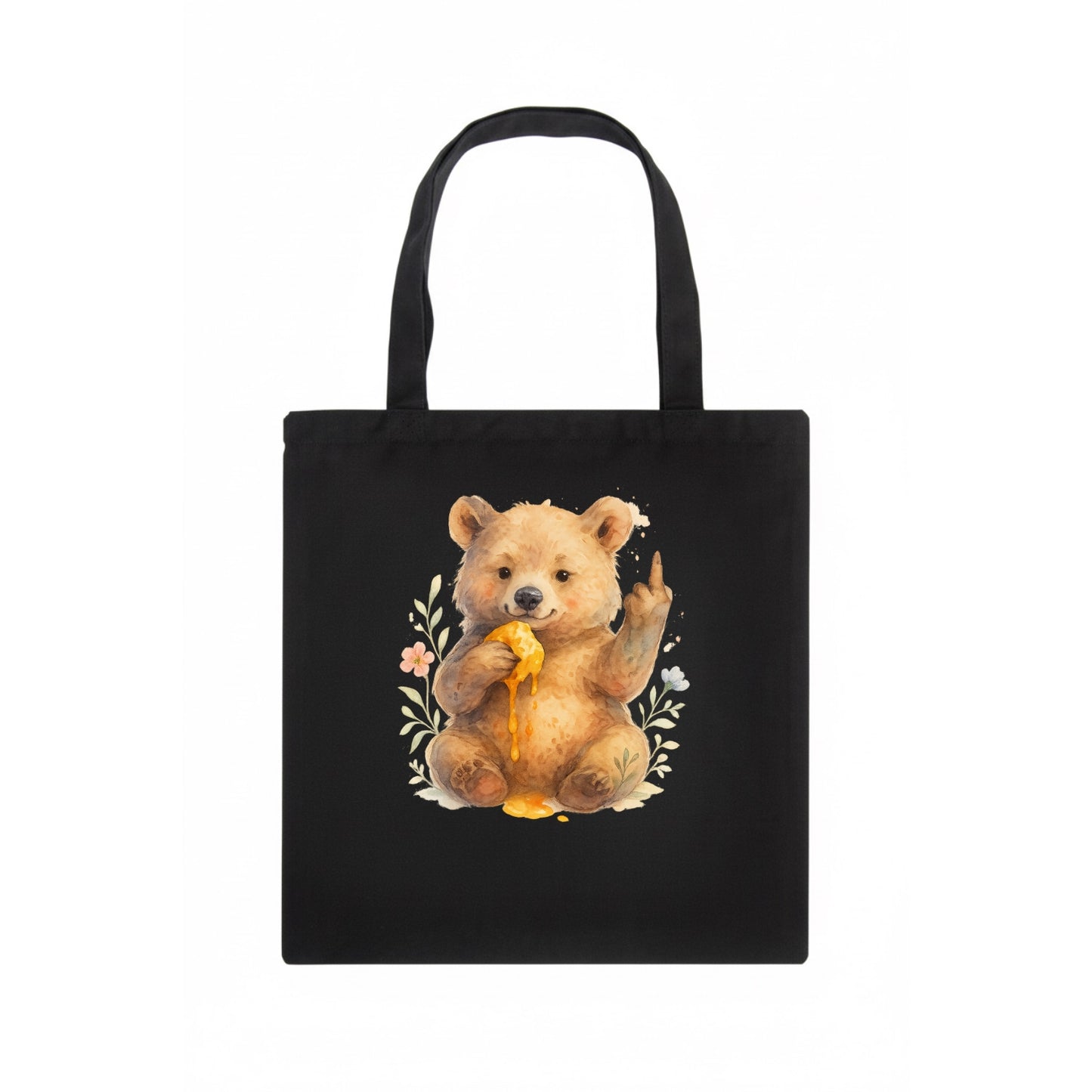 chubby bear cub eating dripping honey, sticky paw up with middle finger - Tote Bag - dark