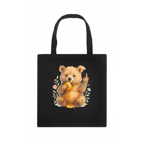chubby bear cub eating dripping honey, sticky paw up with middle finger - Tote Bag