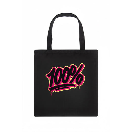 Bold typography design - "100%" - all in, fully committed - Tote Bag - dark