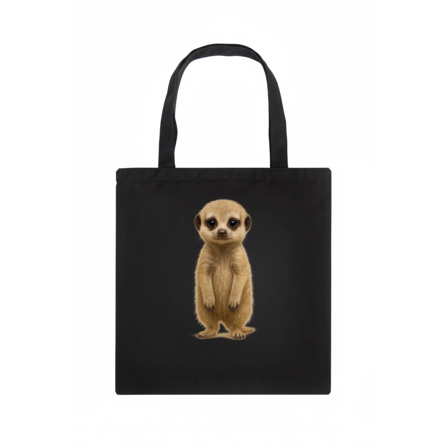Baby Meerkat - tan fur, dark eye patches, alert stance, bright eyes, front-facing, - Tote Bag - dark