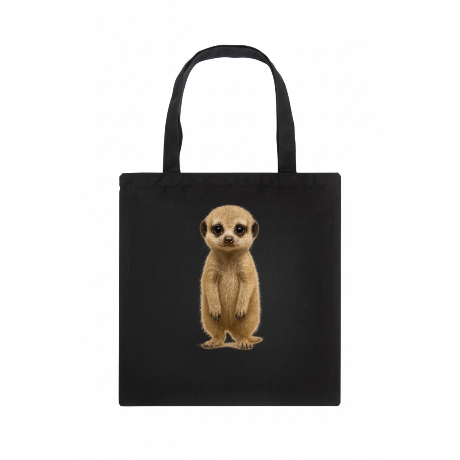 Baby Meerkat - tan fur, dark eye patches, alert stance, bright eyes, front-facing, - Tote Bag - dark