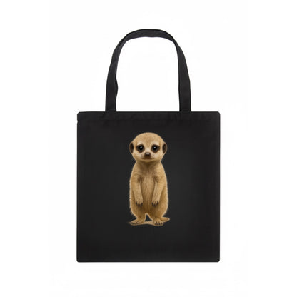 Baby Meerkat - tan fur, dark eye patches, alert stance, bright eyes, front-facing, - Tote Bag - dark