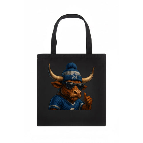 Texas Longhorn wearing Cowboys silver and blue beanie with star and wayfarer sunglasses - Tote Bag