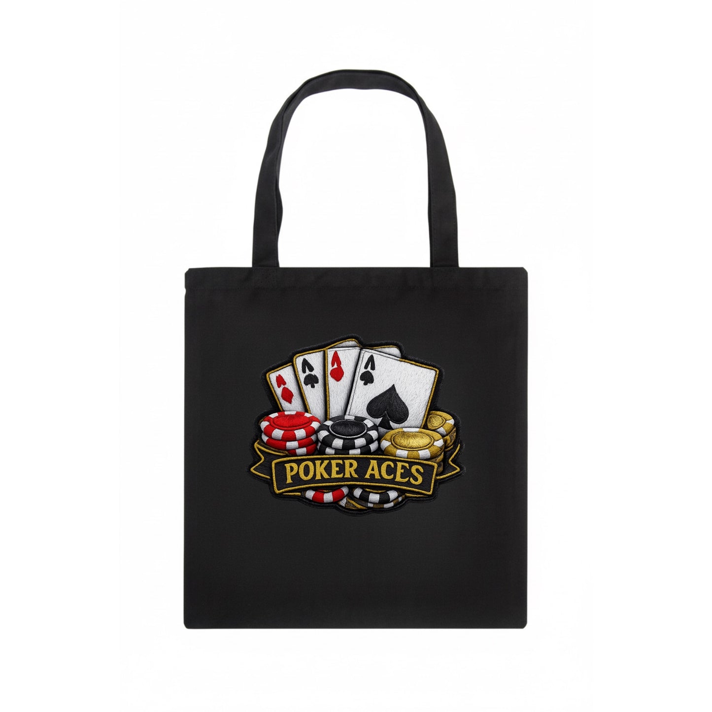 Embroidered patch design - POKER ACES - four aces with chips in red, black and gold - Tote Bag - dark