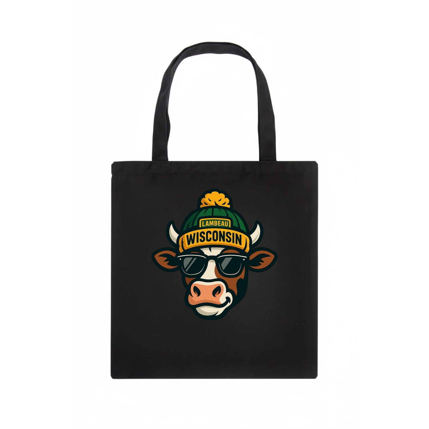 Wisconsin Cow wearing Packers beanie with Lambeau patch and wayfarer sunglasses - Tote Bag - dark