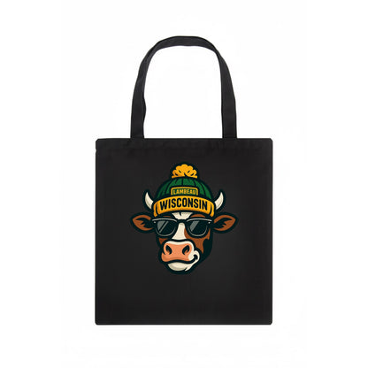 Wisconsin Cow wearing Packers beanie with Lambeau patch and wayfarer sunglasses - Tote Bag - dark