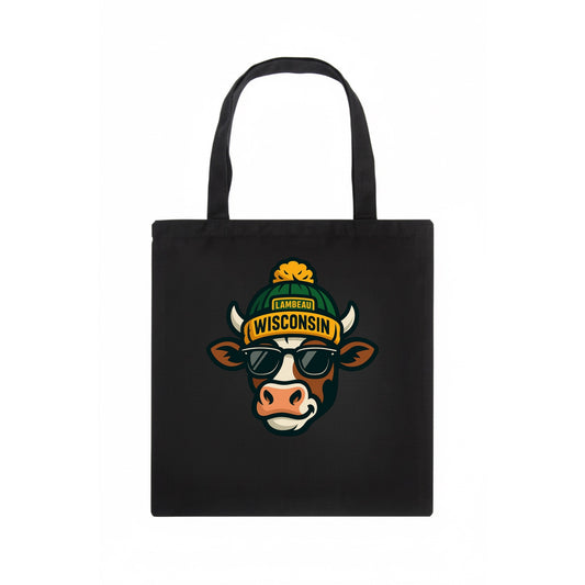 Wisconsin Cow wearing Packers beanie with Lambeau patch and wayfarer sunglasses - Tote Bag - dark