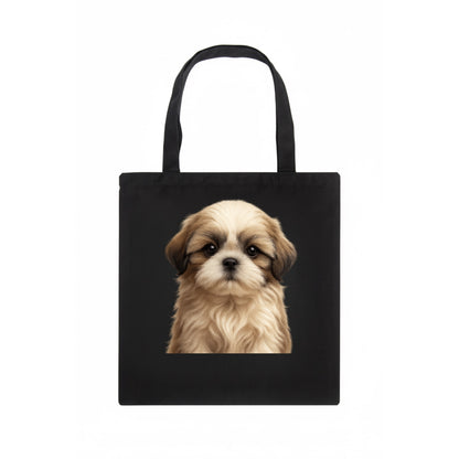 Baby Shih Tzu Puppy - long flowing coat, flat face, big dark eyes, front-facing, royal - Tote Bag - dark