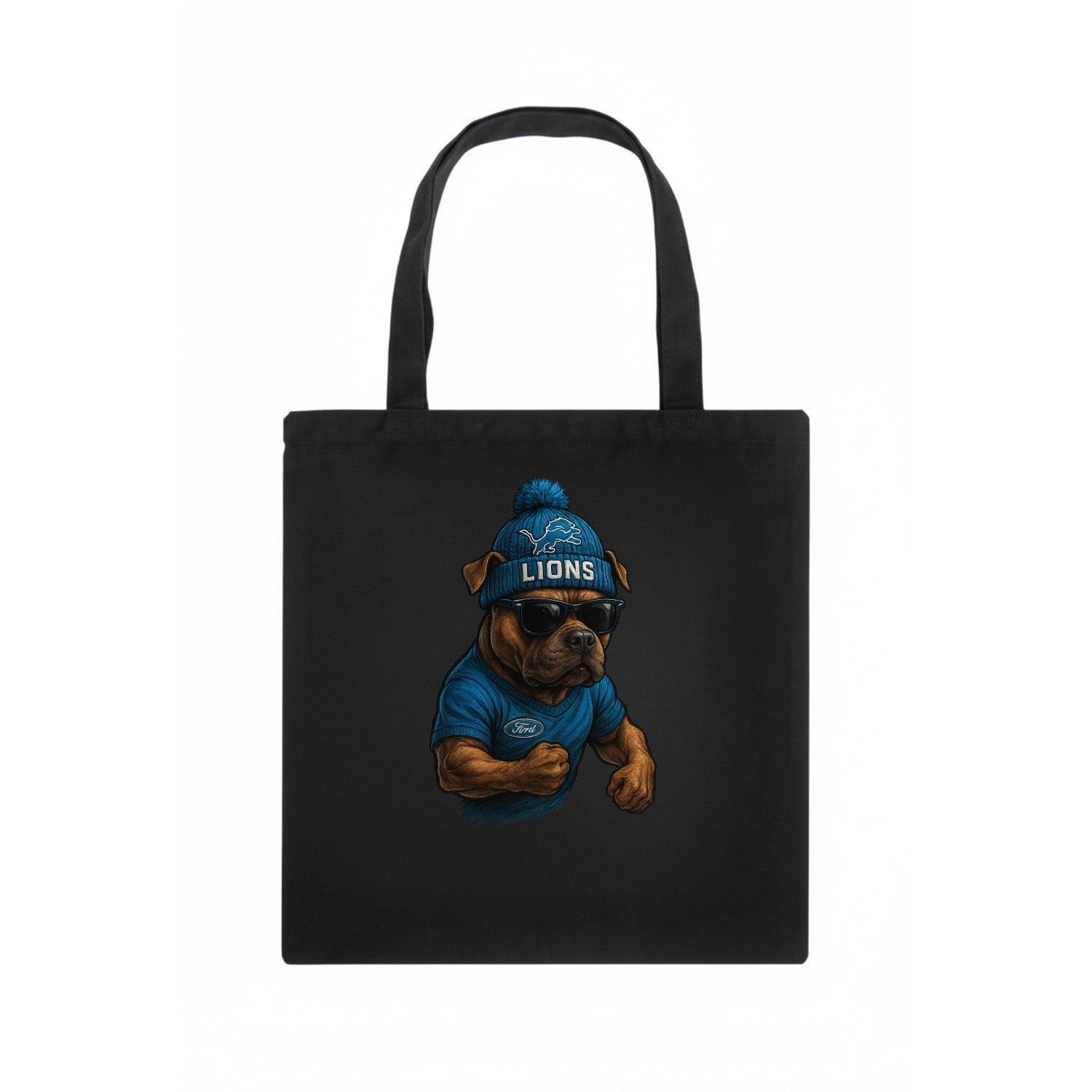 Detroit Pitbull wearing Lions beanie with auto patch and wayfarer sunglasses - Tote Bag - dark