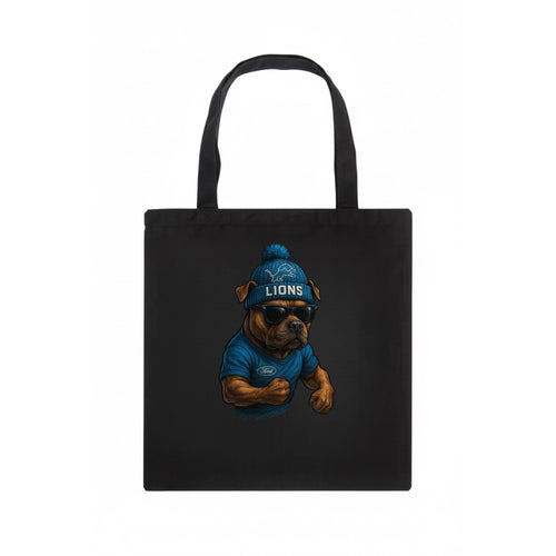 Detroit Pitbull wearing Lions beanie with auto patch and wayfarer sunglasses - Tote Bag