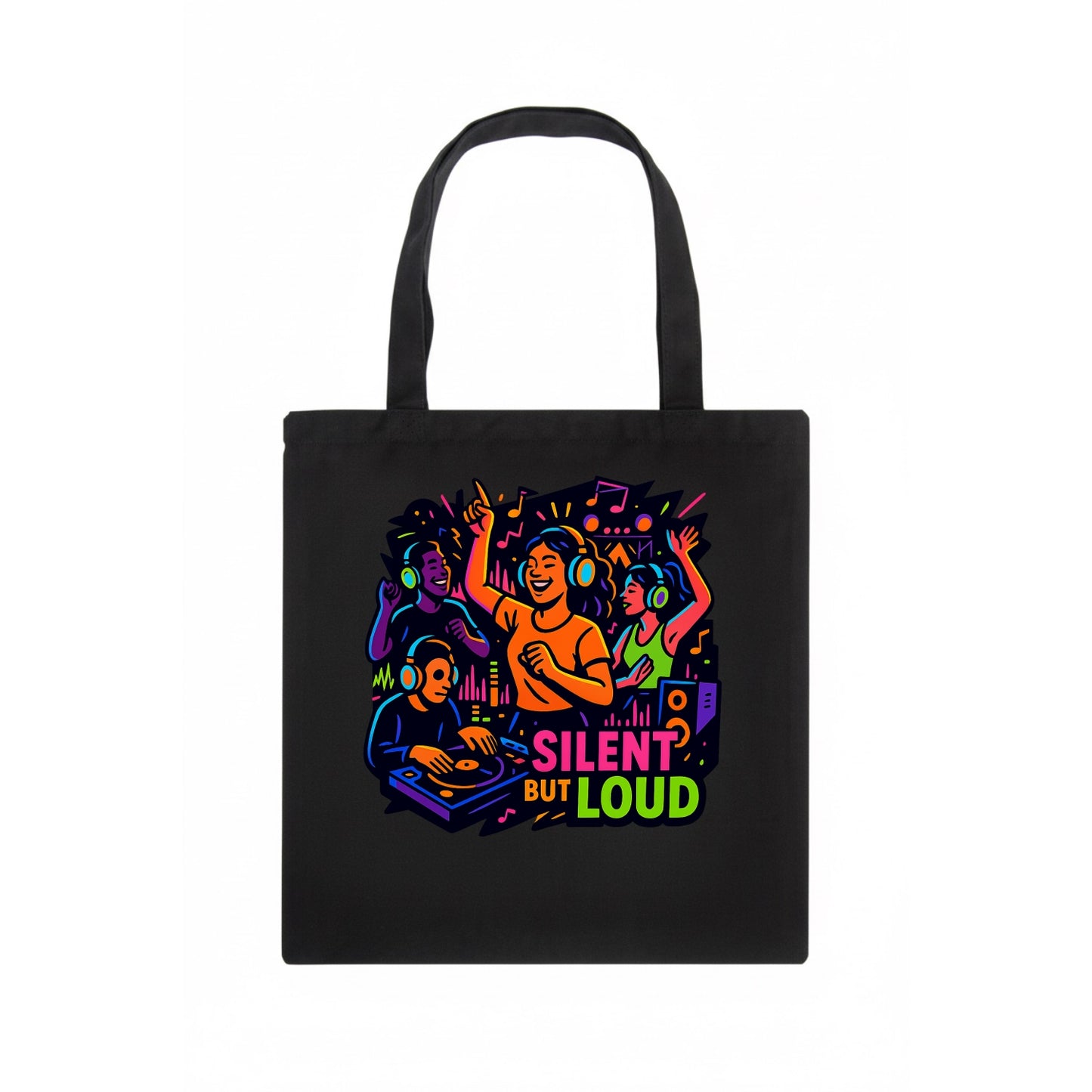 Silent disco dancers with glowing headphones - "Silent But Loud" - unique concert - Tote Bag - dark