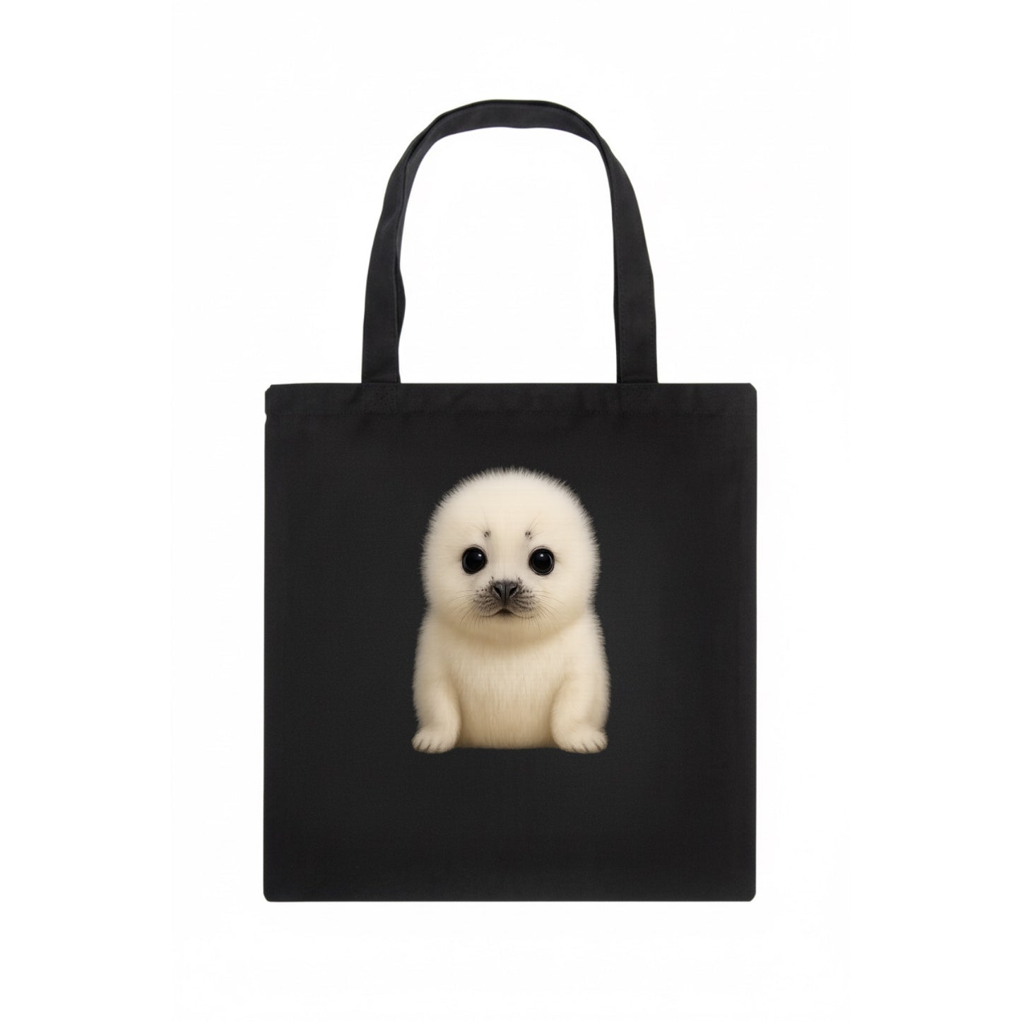 Baby Harp Seal - pure white fluffy fur, enormous dark eyes, front-facing, iconic cute - Tote Bag - dark