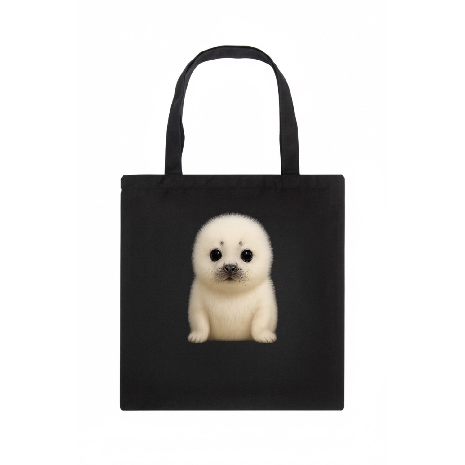 Baby Harp Seal - pure white fluffy fur, enormous dark eyes, front-facing, iconic cute - Tote Bag - dark