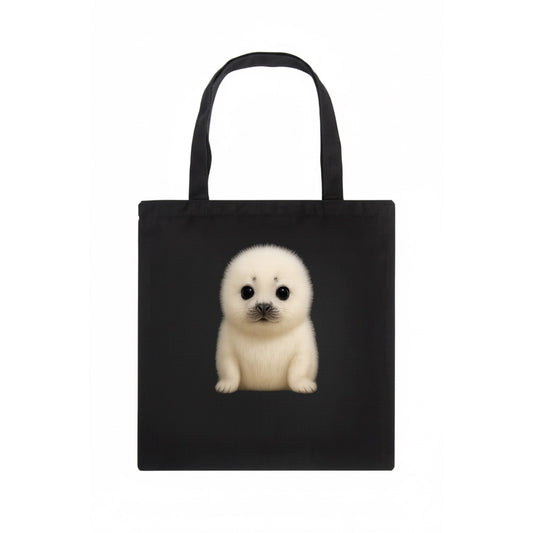 Baby Harp Seal - pure white fluffy fur, enormous dark eyes, front-facing, iconic cute - Tote Bag - dark
