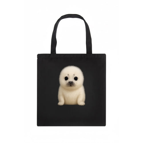 Baby Harp Seal - pure white fluffy fur, enormous dark eyes, front-facing, iconic cute - Tote Bag