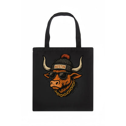 Texas Longhorn wearing Austin beanie with pom pom and wayfarer sunglasses - Tote Bag - dark