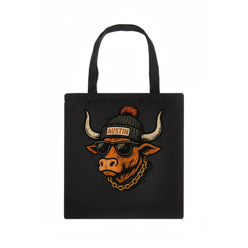 Texas Longhorn wearing Austin beanie with pom pom and wayfarer sunglasses - Tote Bag