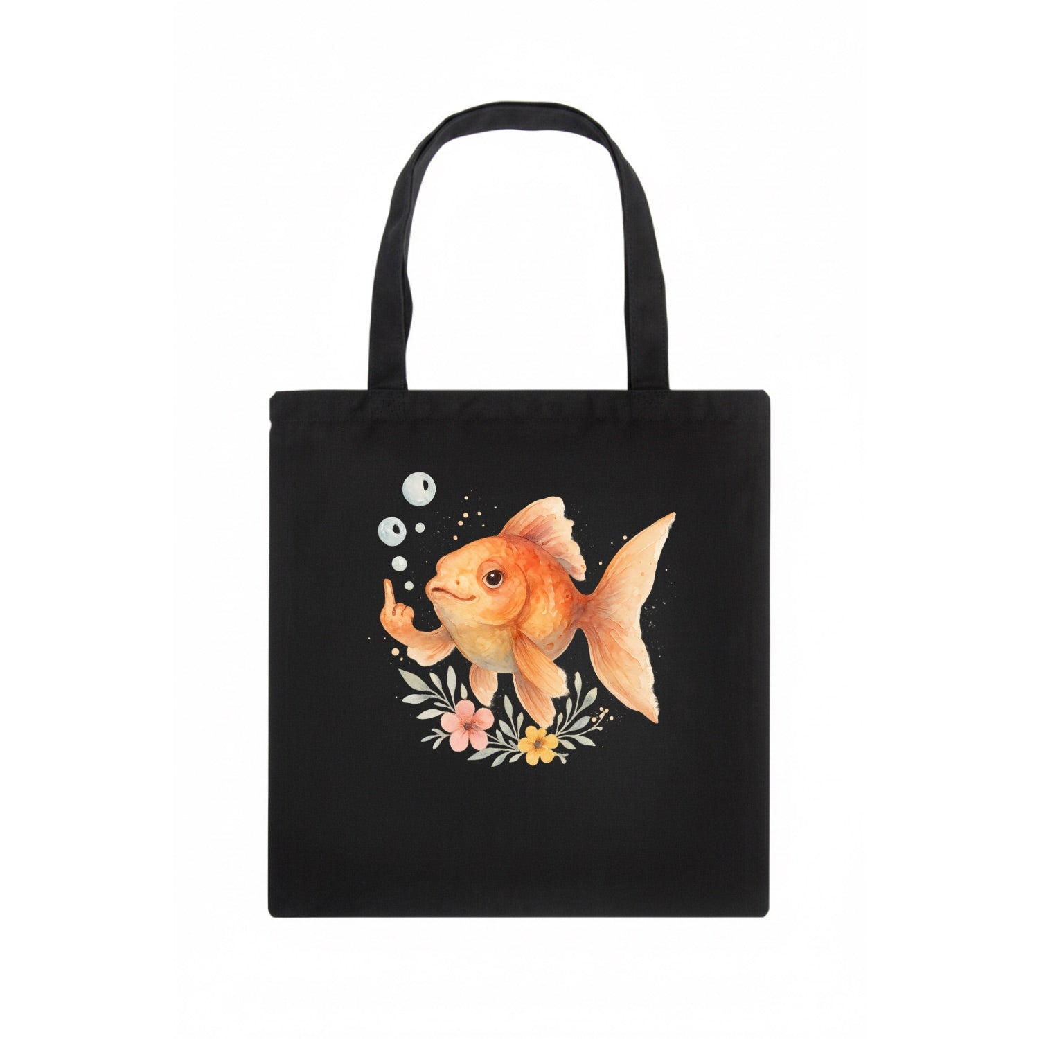 chubby goldfish blowing bubbles, one fin extended like middle finger - Tote Bag - dark