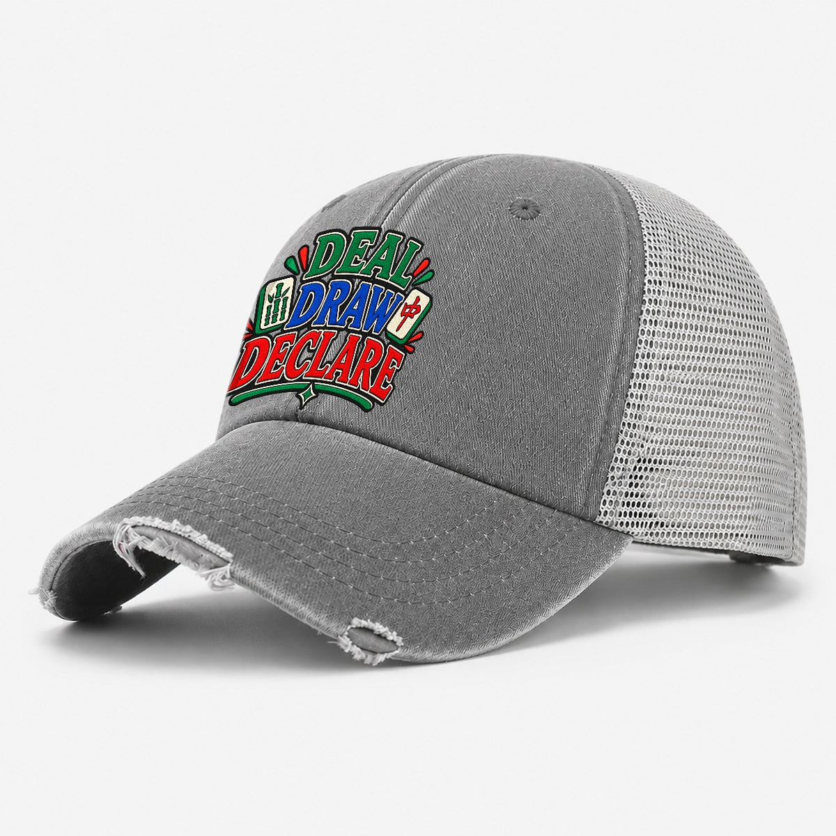 Deal Draw Declare Mahjong Game Night Washed Trucker Hat – Grey